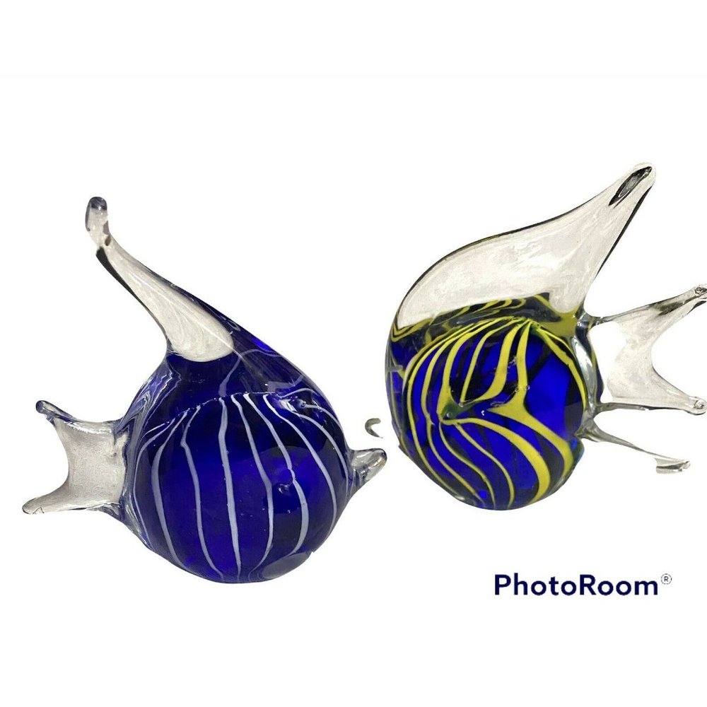 2 Art Glass‎ Fish Paperweights Cobalt Blue And Yellow Set